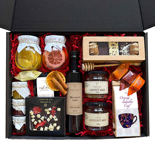 Premium Cadeaubox met Thee, Koffie, Honing, Siroop en Chocolade
